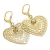 Oro Laminado Dangle Earring, Gold Filled Style Heart Design, with White Crystal, Diamond Cutting Finish, Golden Finish, 69.013