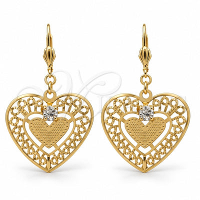 Oro Laminado Dangle Earring, Gold Filled Style Heart Design, with White Crystal, Diamond Cutting Finish, Golden Finish, 69.013