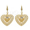 Oro Laminado Dangle Earring, Gold Filled Style Heart Design, with White Crystal, Diamond Cutting Finish, Golden Finish, 69.013