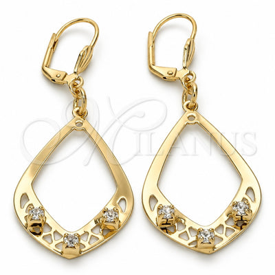 Oro Laminado Dangle Earring, Gold Filled Style Teardrop Design, with White Crystal, Polished, Golden Finish, 89.003