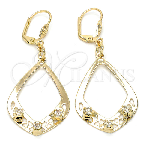Oro Laminado Dangle Earring, Gold Filled Style Teardrop Design, with White Crystal, Polished, Golden Finish, 89.003
