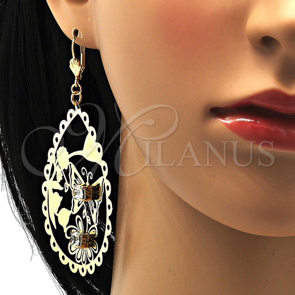 Oro Laminado Dangle Earring, Gold Filled Style Flower and Butterfly Design, with White Crystal, Polished, Golden Finish, 64.003