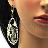 Oro Laminado Dangle Earring, Gold Filled Style Flower and Butterfly Design, with White Crystal, Polished, Golden Finish, 64.003
