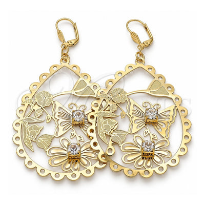 Oro Laminado Dangle Earring, Gold Filled Style Flower and Butterfly Design, with White Crystal, Polished, Golden Finish, 64.003