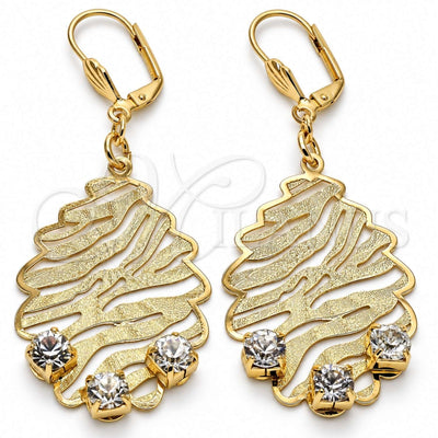 Oro Laminado Dangle Earring, Gold Filled Style Leaf Design, with White Crystal, Matte Finish, Golden Finish, 73.011