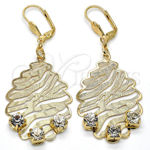 Oro Laminado Dangle Earring, Gold Filled Style Leaf Design, with White Crystal, Matte Finish, Golden Finish, 73.011