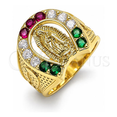 Oro Laminado Mens Ring, Gold Filled Style Guadalupe Design, with Multicolor Cubic Zirconia, Polished, Golden Finish, 5.178.005.09 (Size 9)