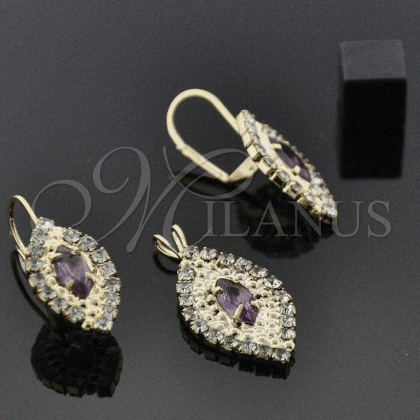 Oro Laminado Earring and Pendant Adult Set, Gold Filled Style with White Cubic Zirconia, Polished, Golden Finish, 5.057.007