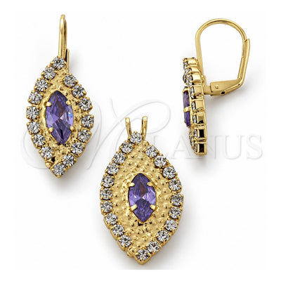 Oro Laminado Earring and Pendant Adult Set, Gold Filled Style with White Cubic Zirconia, Polished, Golden Finish, 5.057.007