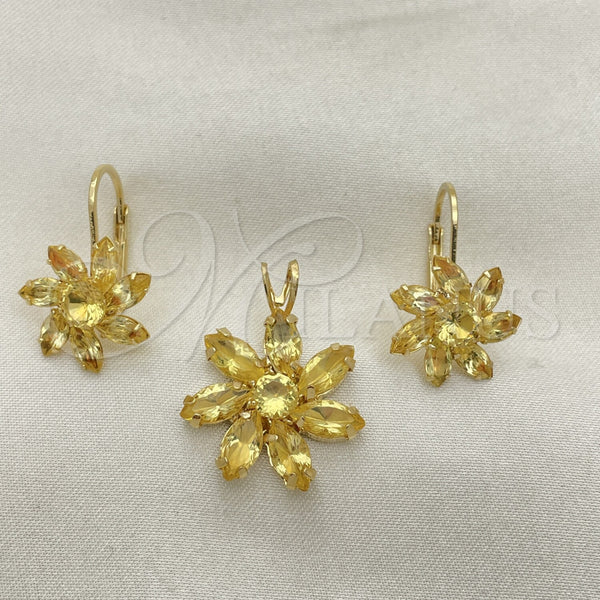 Oro Laminado Earring and Pendant Adult Set, Gold Filled Style Flower Design, with White Cubic Zirconia, Polished, Golden Finish, 5.056.002