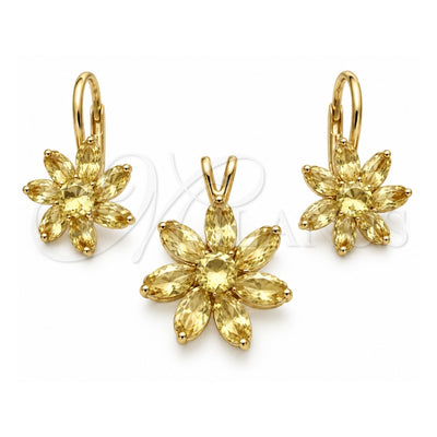 Oro Laminado Earring and Pendant Adult Set, Gold Filled Style Flower Design, with White Cubic Zirconia, Polished, Golden Finish, 5.056.002