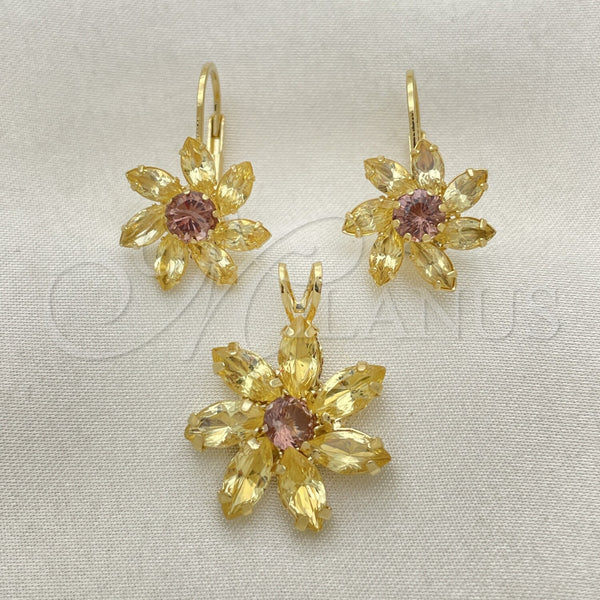Oro Laminado Earring and Pendant Adult Set, Gold Filled Style Flower Design, with Amethyst and White Cubic Zirconia, Polished, Golden Finish, 5.056.003