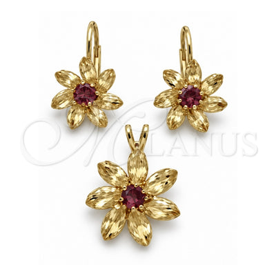 Oro Laminado Earring and Pendant Adult Set, Gold Filled Style Flower Design, with Amethyst and White Cubic Zirconia, Polished, Golden Finish, 5.056.003