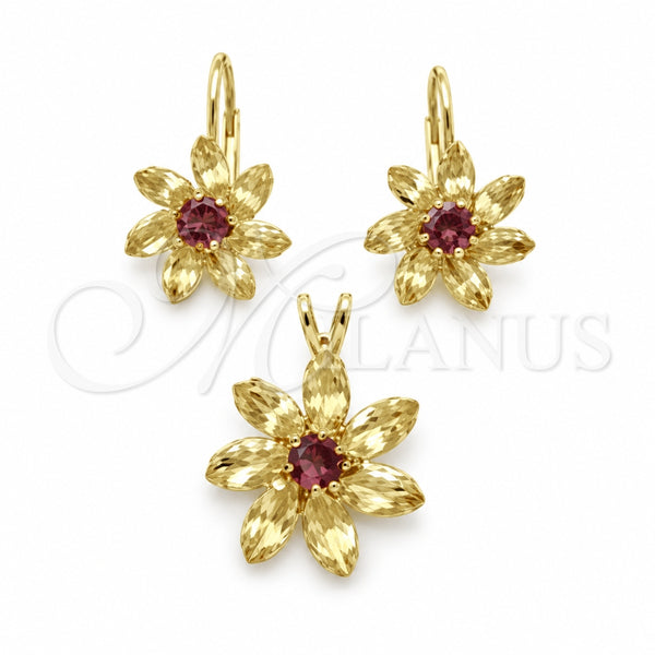 Oro Laminado Earring and Pendant Adult Set, Gold Filled Style Flower Design, with Amethyst and White Cubic Zirconia, Polished, Golden Finish, 5.056.003