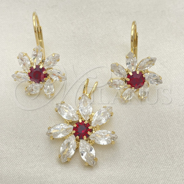 Oro Laminado Earring and Pendant Adult Set, Gold Filled Style Flower Design, with White Cubic Zirconia, Polished, Golden Finish, 5.056.004