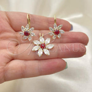 Oro Laminado Earring and Pendant Adult Set, Gold Filled Style Flower Design, with White Cubic Zirconia, Polished, Golden Finish, 5.056.004