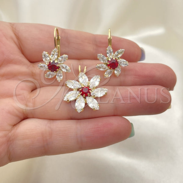 Oro Laminado Earring and Pendant Adult Set, Gold Filled Style Flower Design, with White Cubic Zirconia, Polished, Golden Finish, 5.056.004