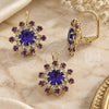 Oro Laminado Earring and Pendant Adult Set, Gold Filled Style Flower Design, with Amethyst Cubic Zirconia, Polished, Golden Finish, 5.057.003