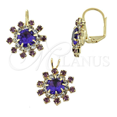 Oro Laminado Earring and Pendant Adult Set, Gold Filled Style Flower Design, with Amethyst Cubic Zirconia for wholesale, main product view