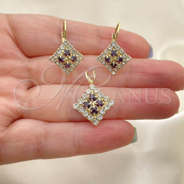 Oro Laminado Earring and Pendant Adult Set, Gold Filled Style with White Cubic Zirconia, Polished, Golden Finish, 5.056.007