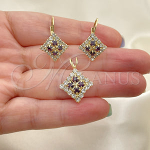 Oro Laminado Earring and Pendant Adult Set, Gold Filled Style with White Cubic Zirconia, Polished, Golden Finish, 5.056.007