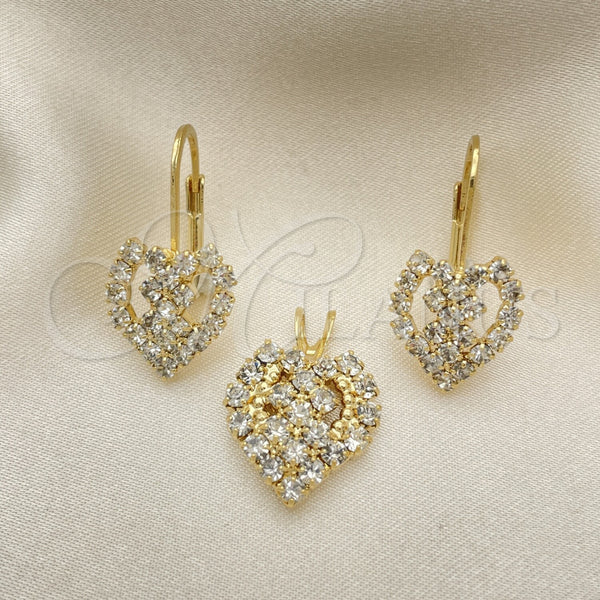 Oro Laminado Earring and Pendant Adult Set, Gold Filled Style Heart Design, with White Cubic Zirconia, Polished, Golden Finish, 5.056.010