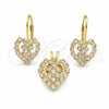 Oro Laminado Earring and Pendant Adult Set, Gold Filled Style Heart Design, with White Cubic Zirconia, Polished, Golden Finish, 5.056.010