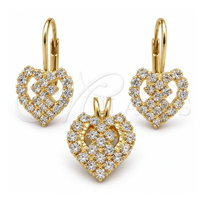 Oro Laminado Earring and Pendant Adult Set, Gold Filled Style Heart Design, with White Cubic Zirconia, Polished, Golden Finish, 5.056.010