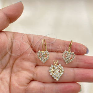 Oro Laminado Earring and Pendant Adult Set, Gold Filled Style Heart Design, with White Cubic Zirconia, Polished, Golden Finish, 5.056.010