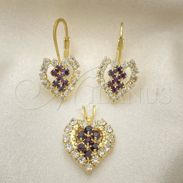 Oro Laminado Earring and Pendant Adult Set, Gold Filled Style Heart Design, with White Cubic Zirconia, Polished, Golden Finish, 5.056.011