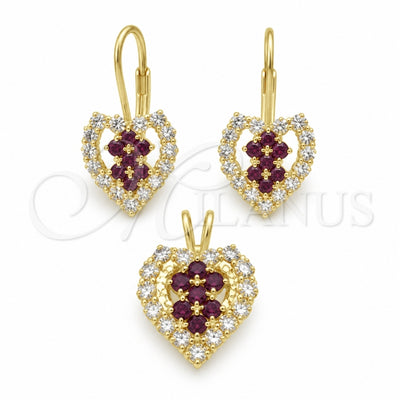 Oro Laminado Earring and Pendant Adult Set, Gold Filled Style Heart Design, with White Cubic Zirconia, Polished, Golden Finish, 5.056.011