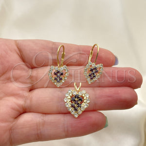 Oro Laminado Earring and Pendant Adult Set, Gold Filled Style Heart Design, with White Cubic Zirconia, Polished, Golden Finish, 5.056.011