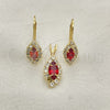 Oro Laminado Earring and Pendant Adult Set, Gold Filled Style with Garnet and White Cubic Zirconia, Polished, Golden Finish, 5.058.016