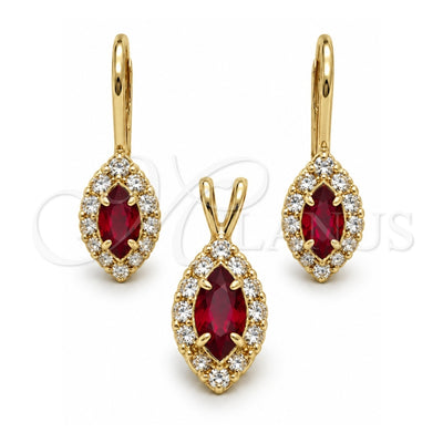 Oro Laminado Earring and Pendant Adult Set, Gold Filled Style with Garnet and White Cubic Zirconia, Polished, Golden Finish, 5.058.016