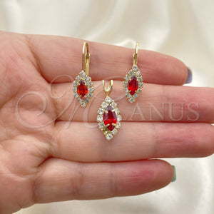 Oro Laminado Earring and Pendant Adult Set, Gold Filled Style with Garnet and White Cubic Zirconia, Polished, Golden Finish, 5.058.016