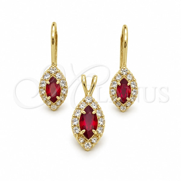 Oro Laminado Earring and Pendant Adult Set, Gold Filled Style with Garnet and White Cubic Zirconia, Polished, Golden Finish, 5.058.016