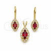 Oro Laminado Earring and Pendant Adult Set, Gold Filled Style with Garnet and White Cubic Zirconia, Polished, Golden Finish, 5.058.016
