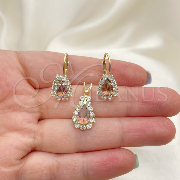 Oro Laminado Earring and Pendant Adult Set, Gold Filled Style with White Cubic Zirconia, Polished, Golden Finish, 5.056.015