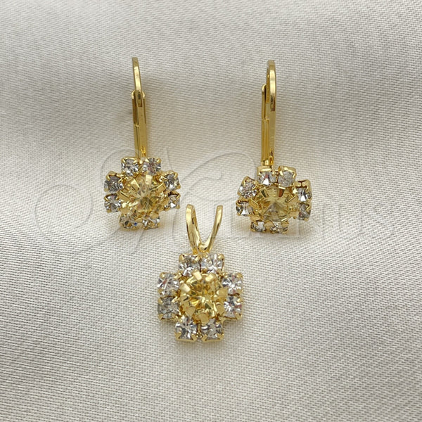 Oro Laminado Earring and Pendant Adult Set, Gold Filled Style Flower Design, with White Cubic Zirconia, Polished, Golden Finish, 5.058.010