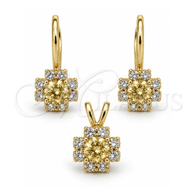Oro Laminado Earring and Pendant Adult Set, Gold Filled Style Flower Design, with White Cubic Zirconia, Polished, Golden Finish, 5.058.010
