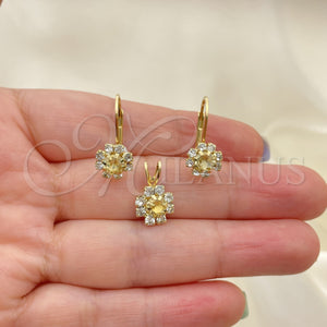 Oro Laminado Earring and Pendant Adult Set, Gold Filled Style Flower Design, with White Cubic Zirconia, Polished, Golden Finish, 5.058.010