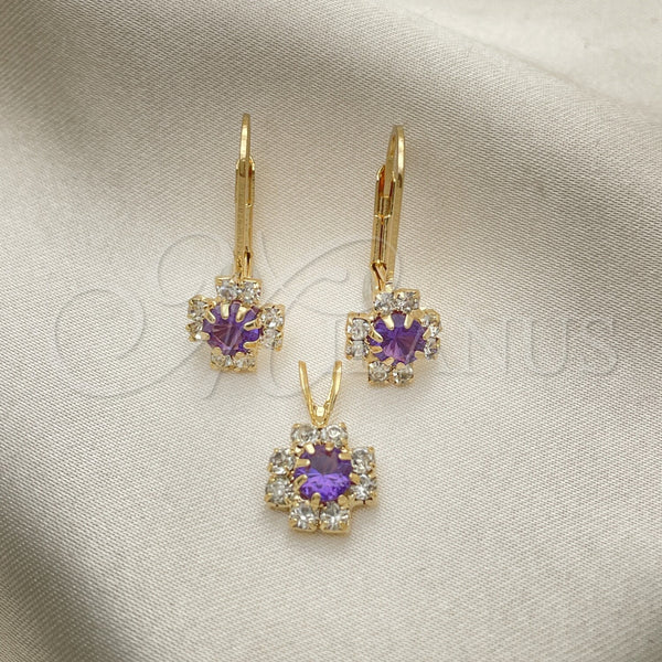 Oro Laminado Earring and Pendant Adult Set, Gold Filled Style Flower Design, with White Cubic Zirconia, Polished, Golden Finish, 5.058.011