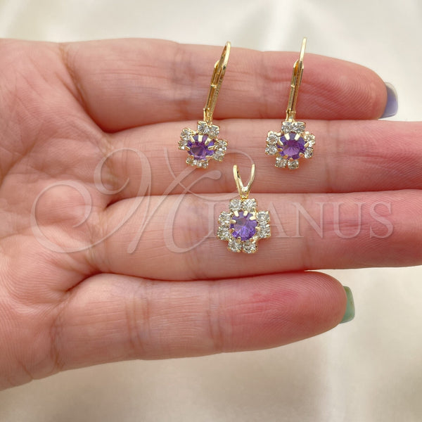Oro Laminado Earring and Pendant Adult Set, Gold Filled Style Flower Design, with White Cubic Zirconia, Polished, Golden Finish, 5.058.011
