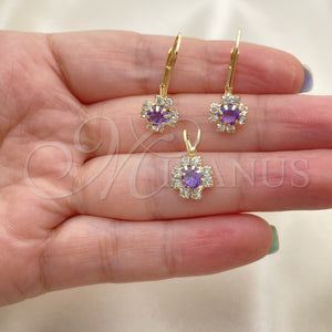 Oro Laminado Earring and Pendant Adult Set, Gold Filled Style Flower Design, with White Cubic Zirconia, Polished, Golden Finish, 5.058.011