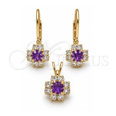 Oro Laminado Earring and Pendant Adult Set, Gold Filled Style Flower Design, with White Cubic Zirconia, Polished, Golden Finish, 5.058.011
