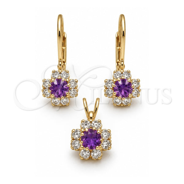 Oro Laminado Earring and Pendant Adult Set, Gold Filled Style Flower Design, with White Cubic Zirconia, Polished, Golden Finish, 5.058.011