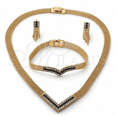 Oro Laminado Necklace, Bracelet and Earring, Gold Filled Style with White Cubic Zirconia, Polished, Golden Finish, 5.014.003