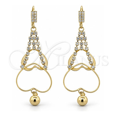 Oro Laminado Long Earring, Gold Filled Style Heart Design, with White Cubic Zirconia, Polished, Golden Finish, 5.073.005