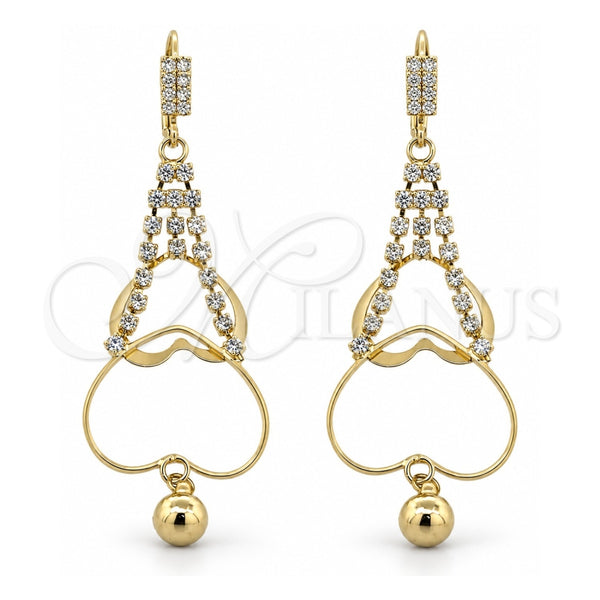 Oro Laminado Long Earring, Gold Filled Style Heart Design, with White Cubic Zirconia, Polished, Golden Finish, 5.073.005