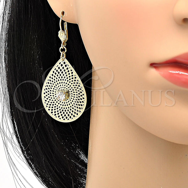 Oro Laminado Dangle Earring, Gold Filled Style Leaf and Filigree Design, with White Crystal, Diamond Cutting Finish, Golden Finish, 73.006
